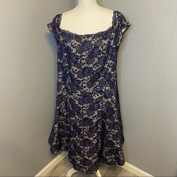 B.DARLIN Nude Tulle Formal Dress Sapphire Blue Lace Overlay Fringe Hem - Picture 4 of 10